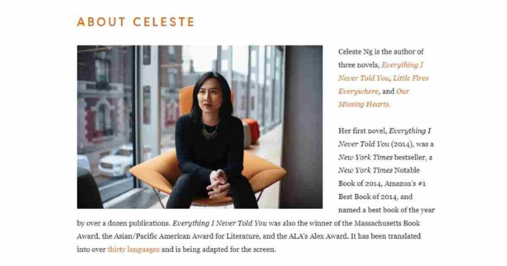 Celeste Ng's about page sample.